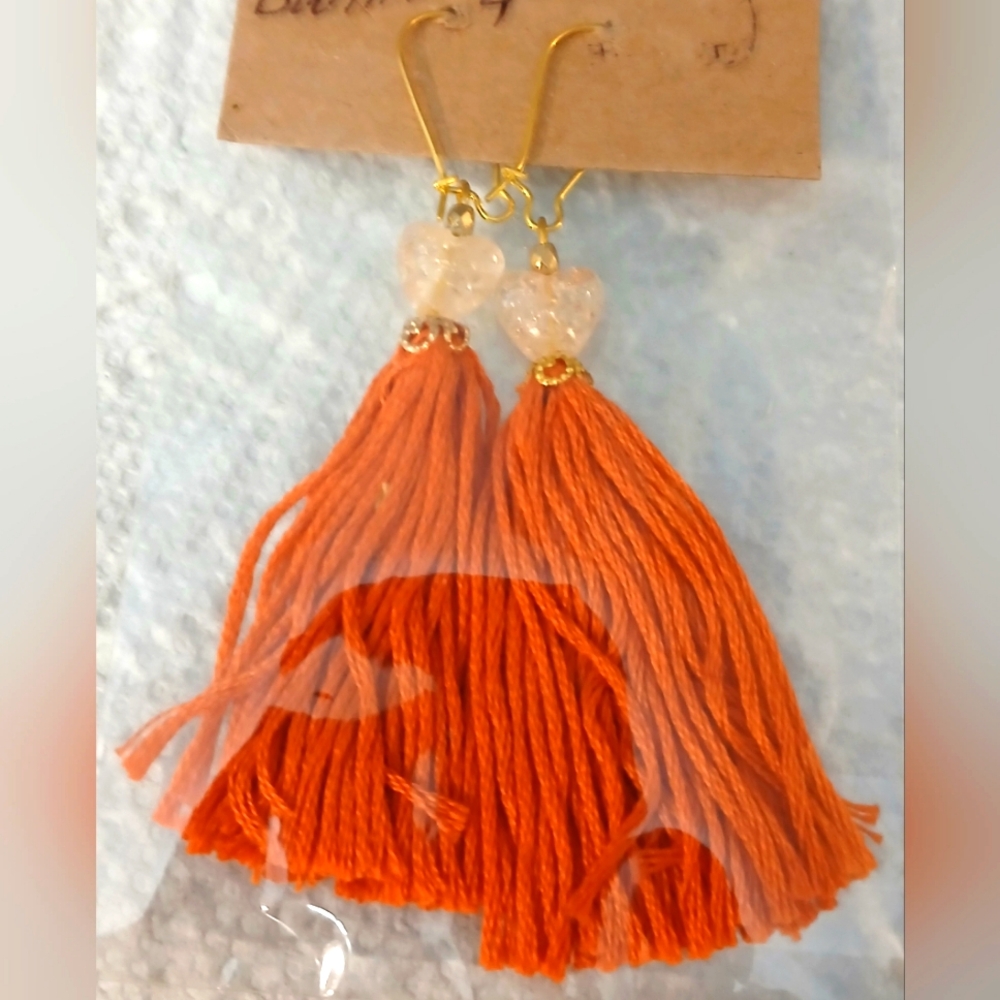 NWT Handcrafted Orange, Gold and Glass Heart Tassel Earrings.